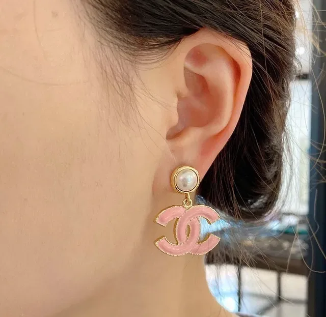Chanel CC Drop Pink Black Interlocking Logo Enamel Finish Earrings 2