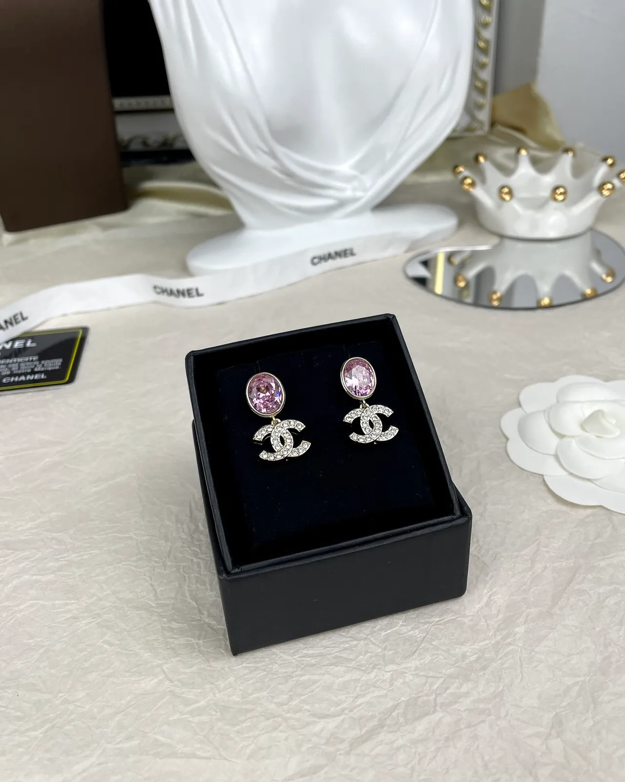 Chanel CC Drop Pink Gold Faceted Oval Stone Metal Earrings 2