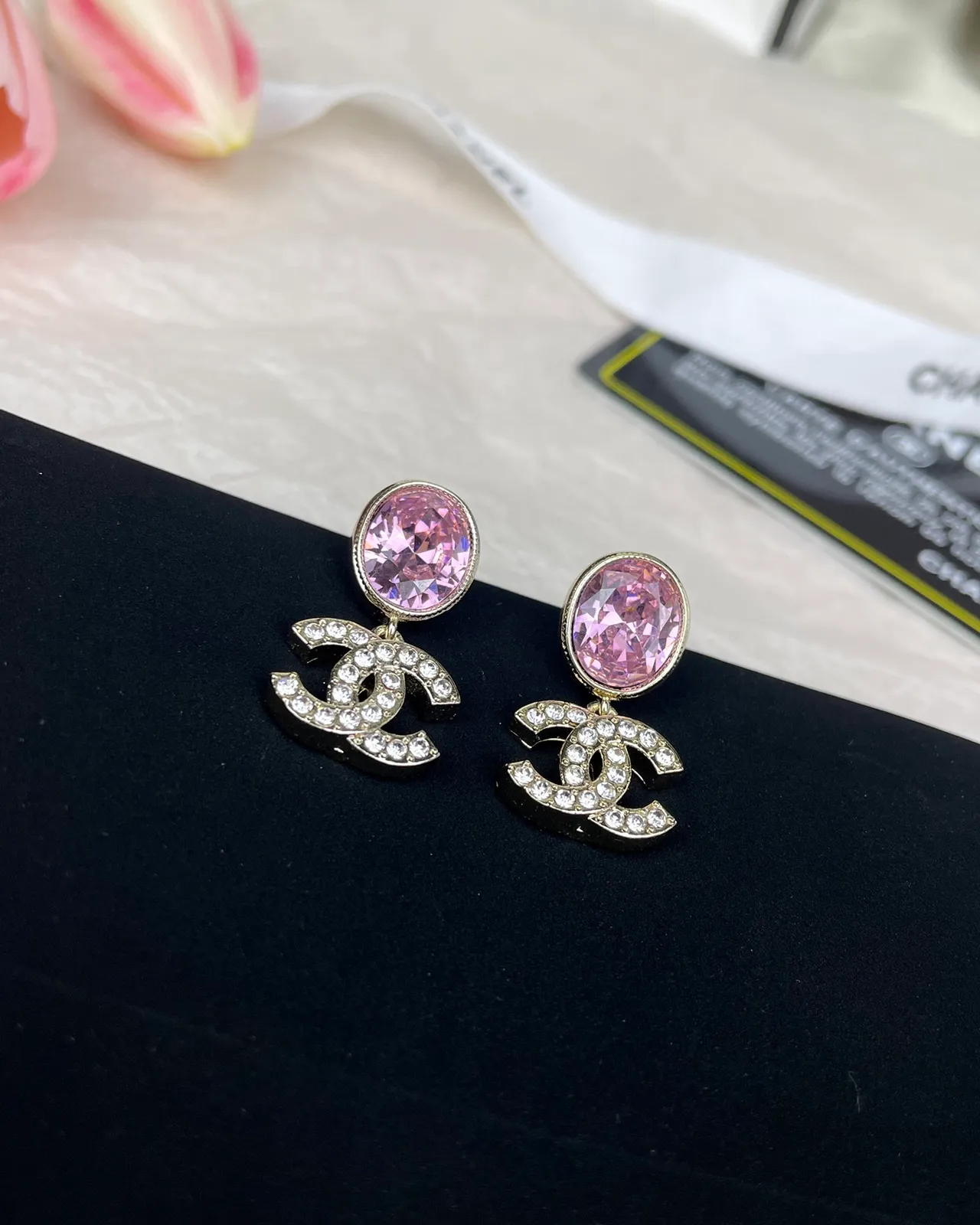 Chanel CC Drop Pink Gold Faceted Oval Stone Metal Earrings 3