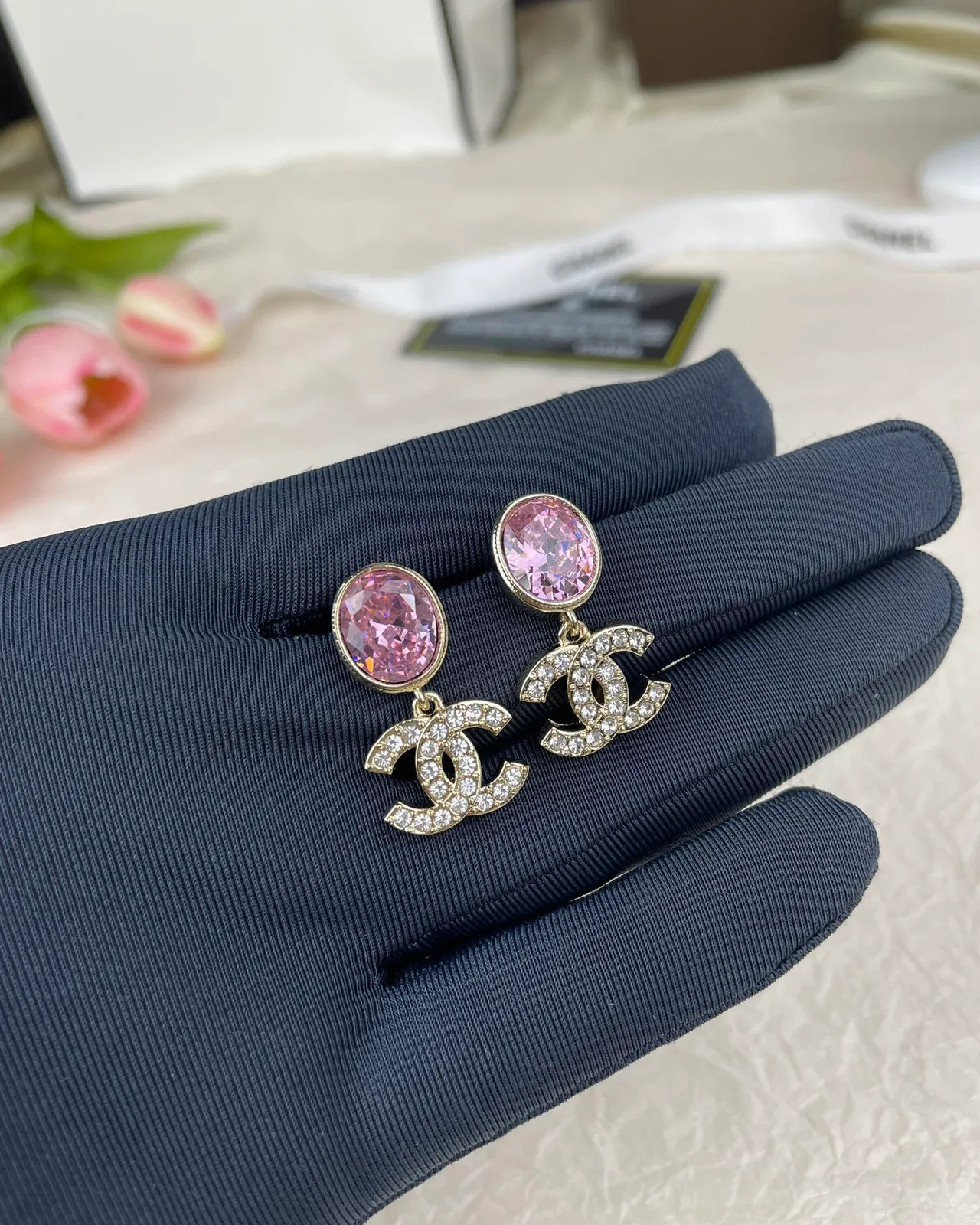 Chanel CC Drop Pink Gold Faceted Oval Stone Metal Earrings 4