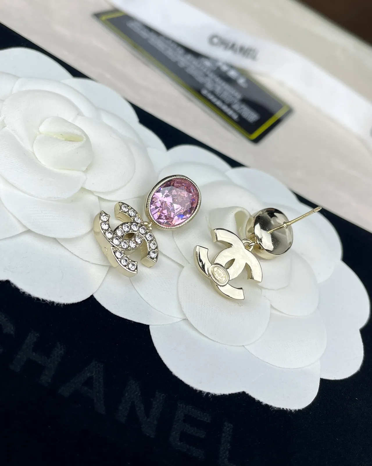 Chanel CC Drop Pink Gold Faceted Oval Stone Metal Earrings 5