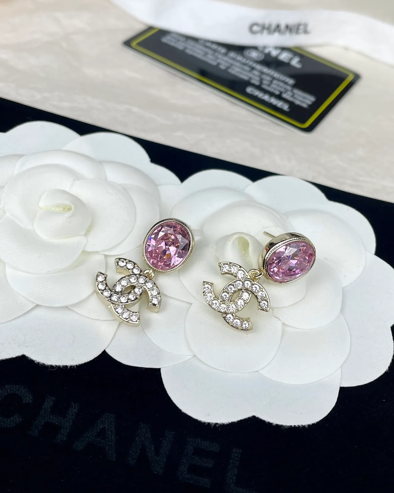 Chanel CC Drop Pink Gold Faceted Oval Stone Metal Earrings 6