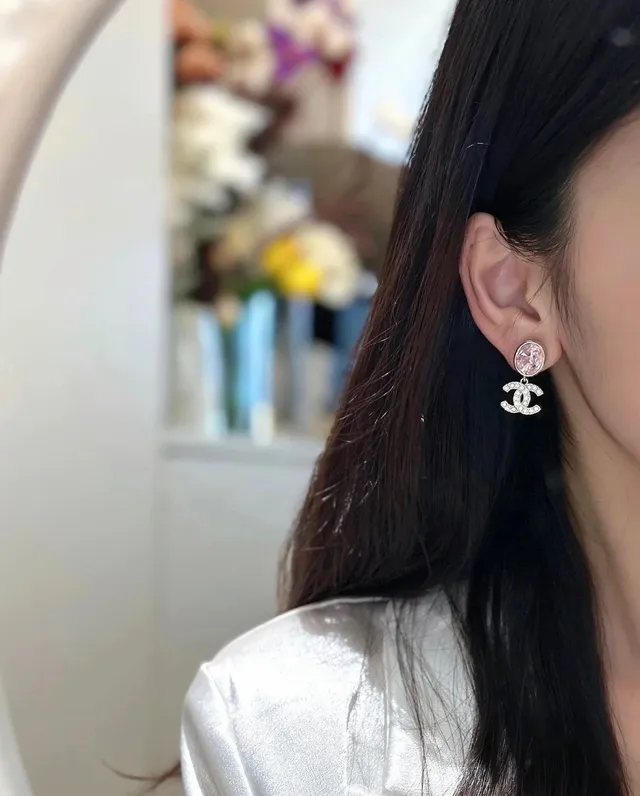 Chanel CC Drop Pink Gold Faceted Oval Stone Metal Earrings 7