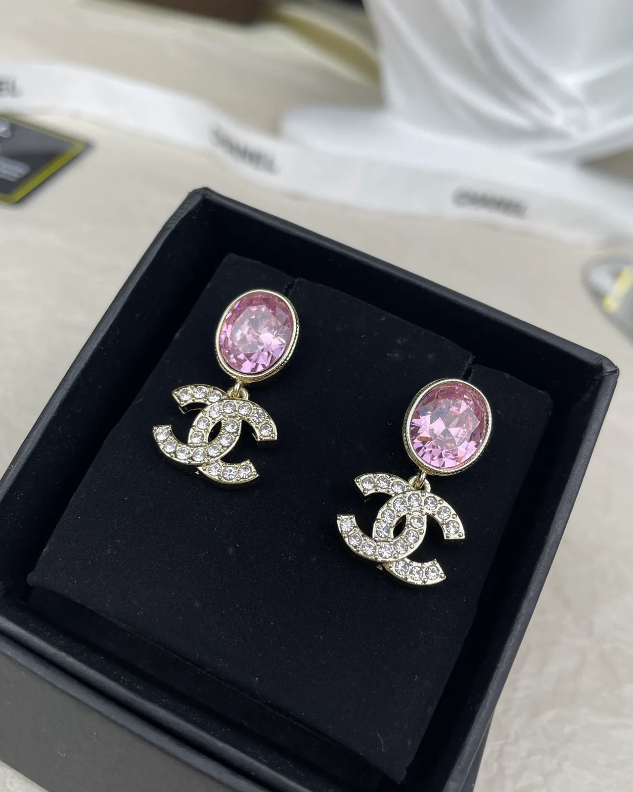 Chanel CC Drop Pink Gold Faceted Oval Stone Metal Earrings 9
