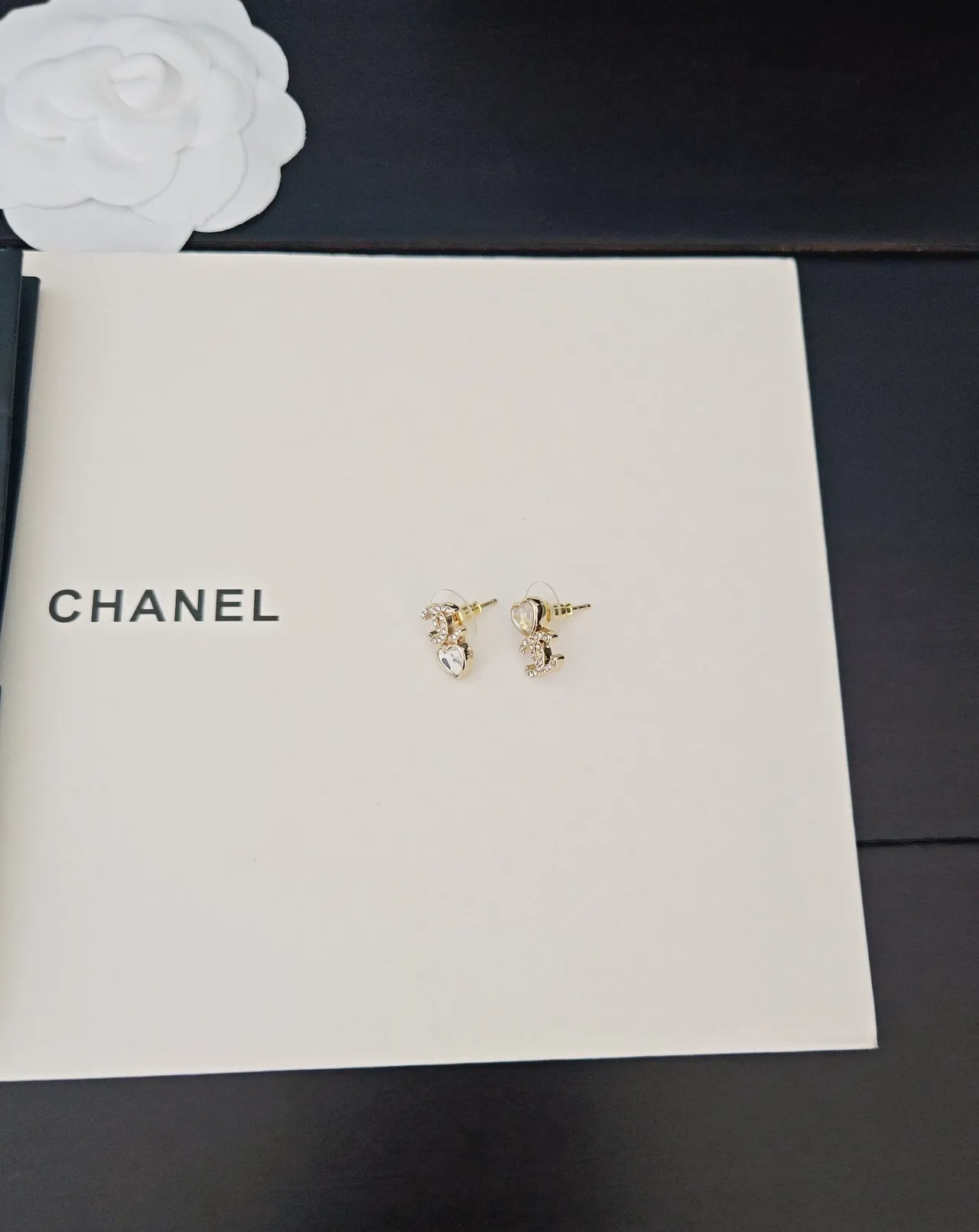 Chanel CC Heart Pavé Crystal Gold-Tone Stud Earrings 5