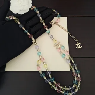 Chanel CC Logo 串珠项链 多彩金色半透明珠子 吊坠项链