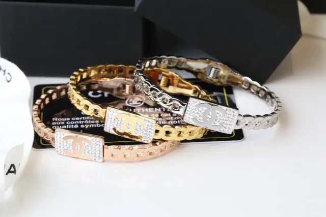 Chanel CC Logo Bracelet Gold Silver Curb-Link Chain Rectangular Crystal-Encrusted Plaque Bracelet 2
