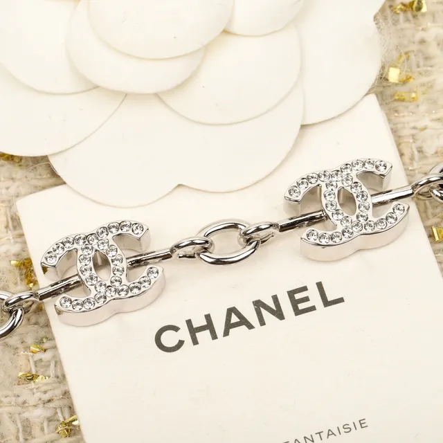Chanel CC Logo Chain Bracelet Silver-Tone Pavé Crystal Bracelet 4