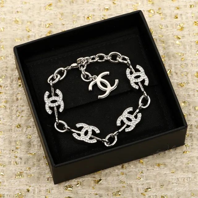 Chanel CC Logo Chain Bracelet Silver-Tone Pavé Crystal Bracelet 6