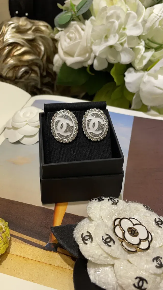 Chanel CC Logo Crystal Pavé Oval Stud Earrings 6