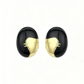 Chanel CC Logo Oval Black and Gold Enamel Earrings