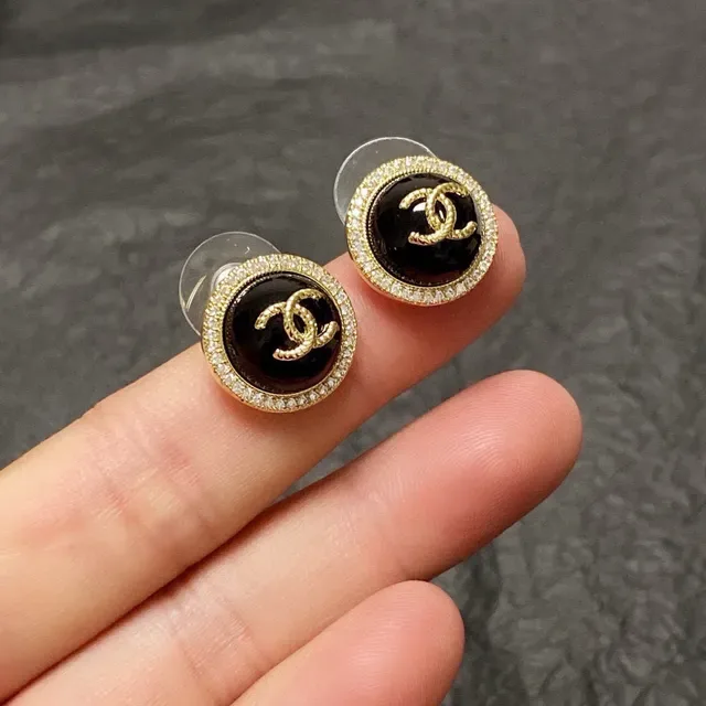 Chanel CC Logo Stud Black Gold Circular Pavé Crystal Border Earrings 3