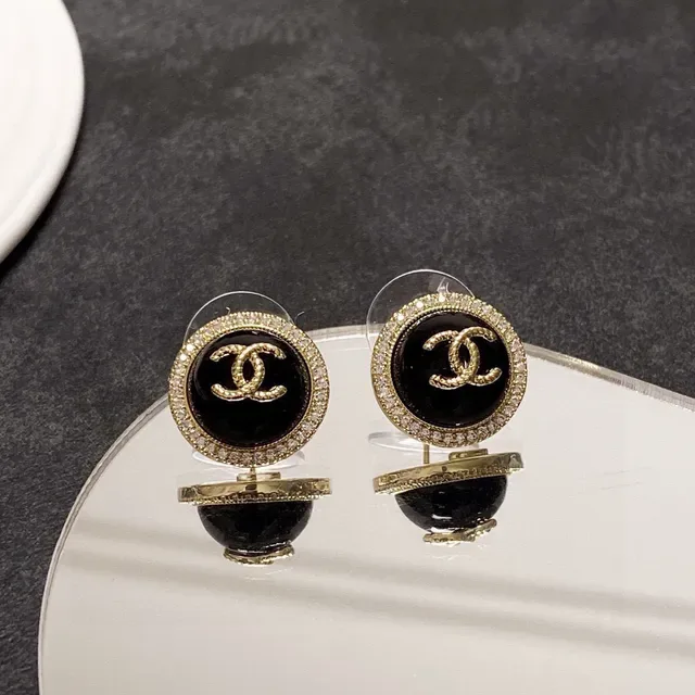 Chanel CC Logo Stud Black Gold Circular Pavé Crystal Border Earrings 6