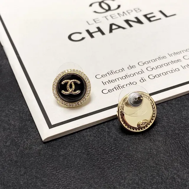 Chanel CC Logo Stud Black Gold Circular Pavé Crystal Border Earrings 7