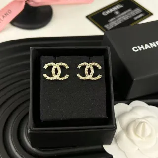 Chanel CC Logo Stud Gold Black Textured Earrings