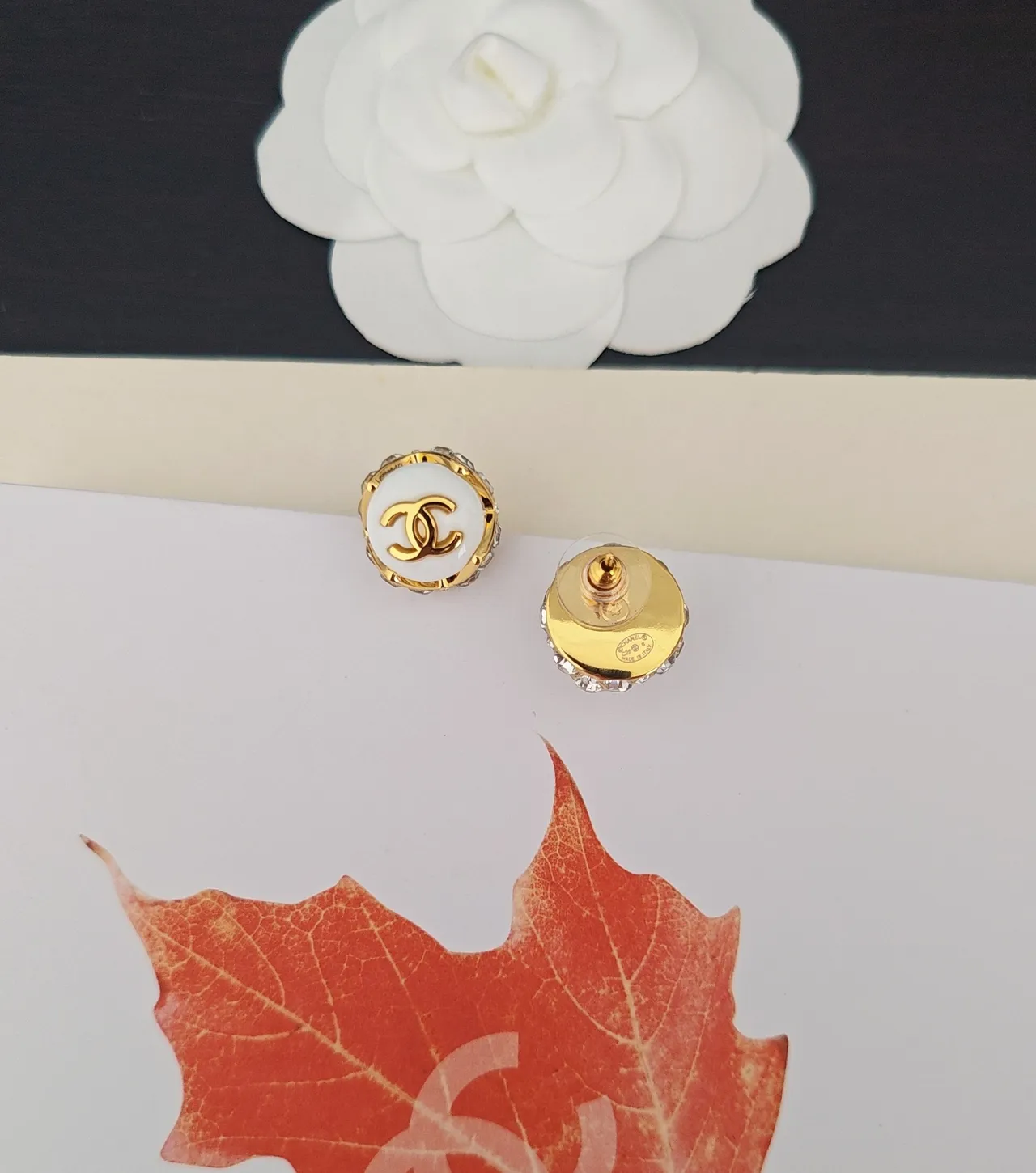 Chanel CC Logo Stud White Gold Enamel Earrings 2