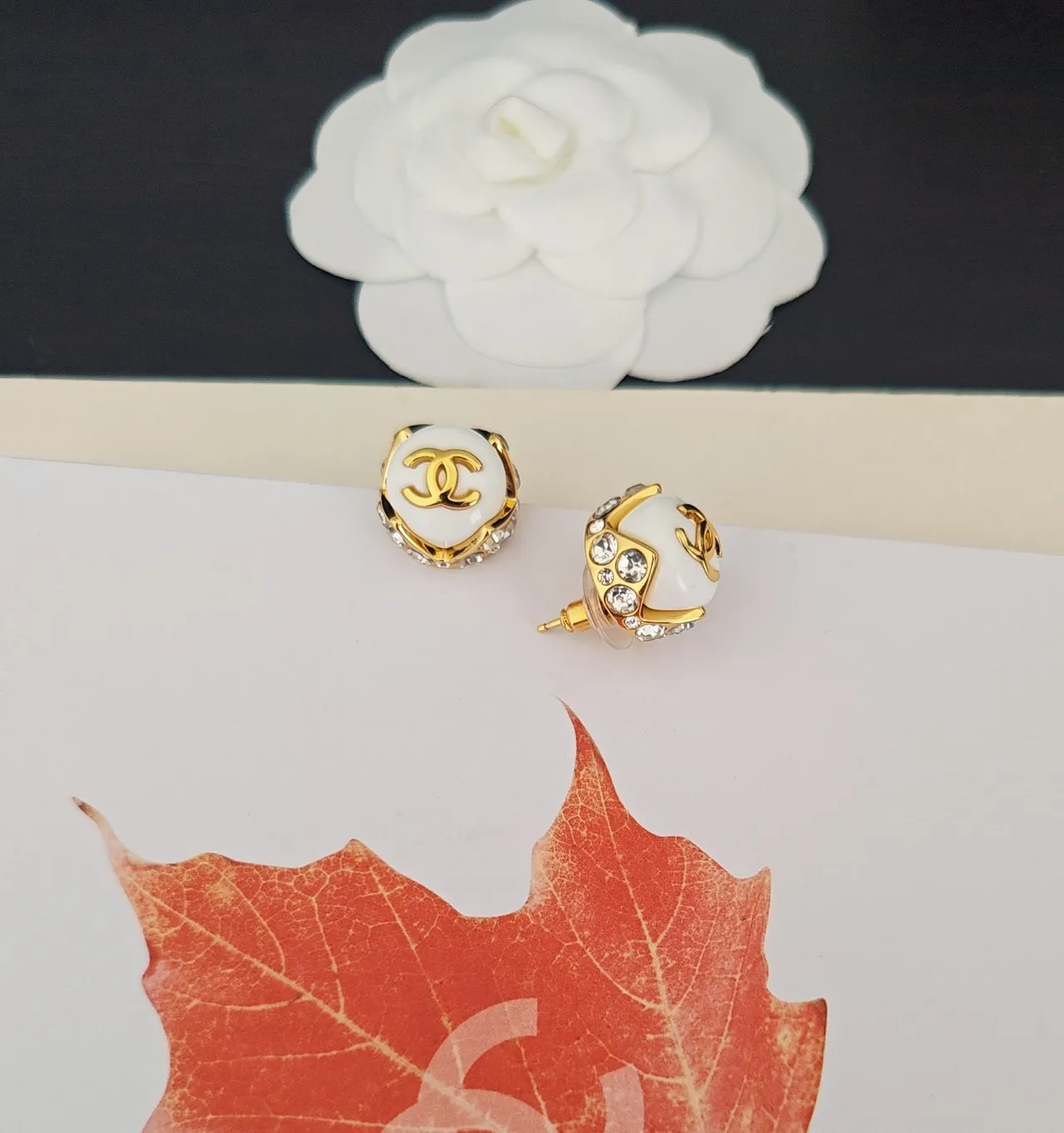Chanel CC Logo Stud White Gold Enamel Earrings 3