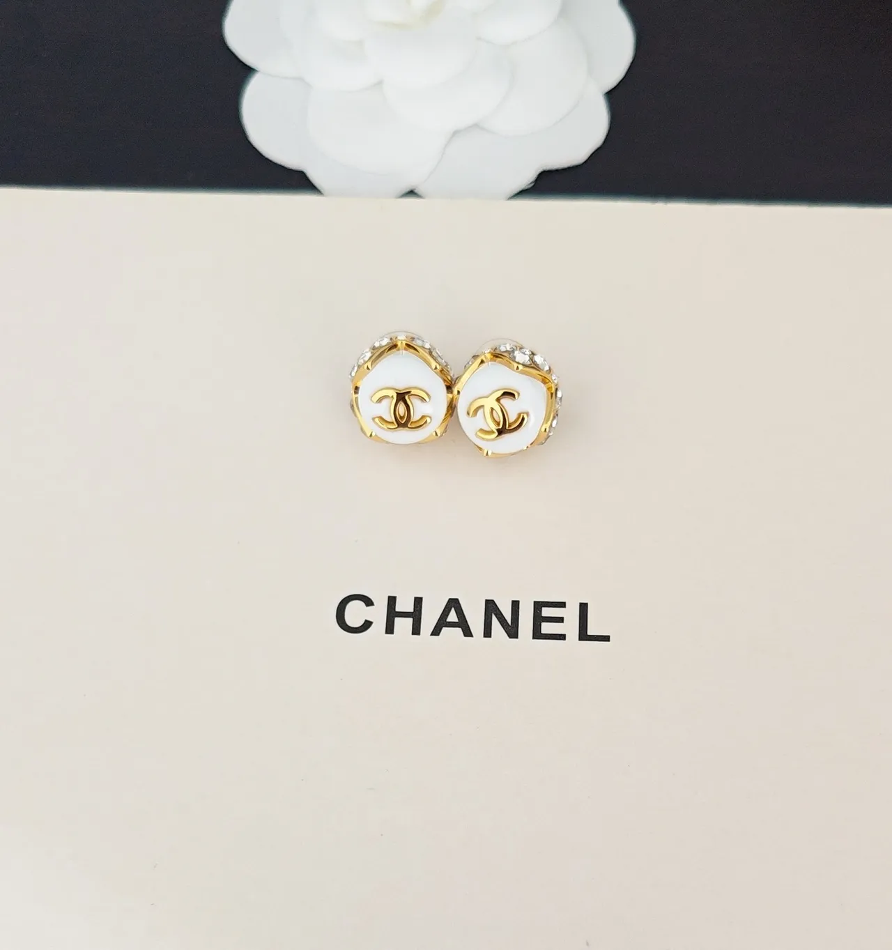 Chanel CC Logo Stud White Gold Enamel Earrings 4