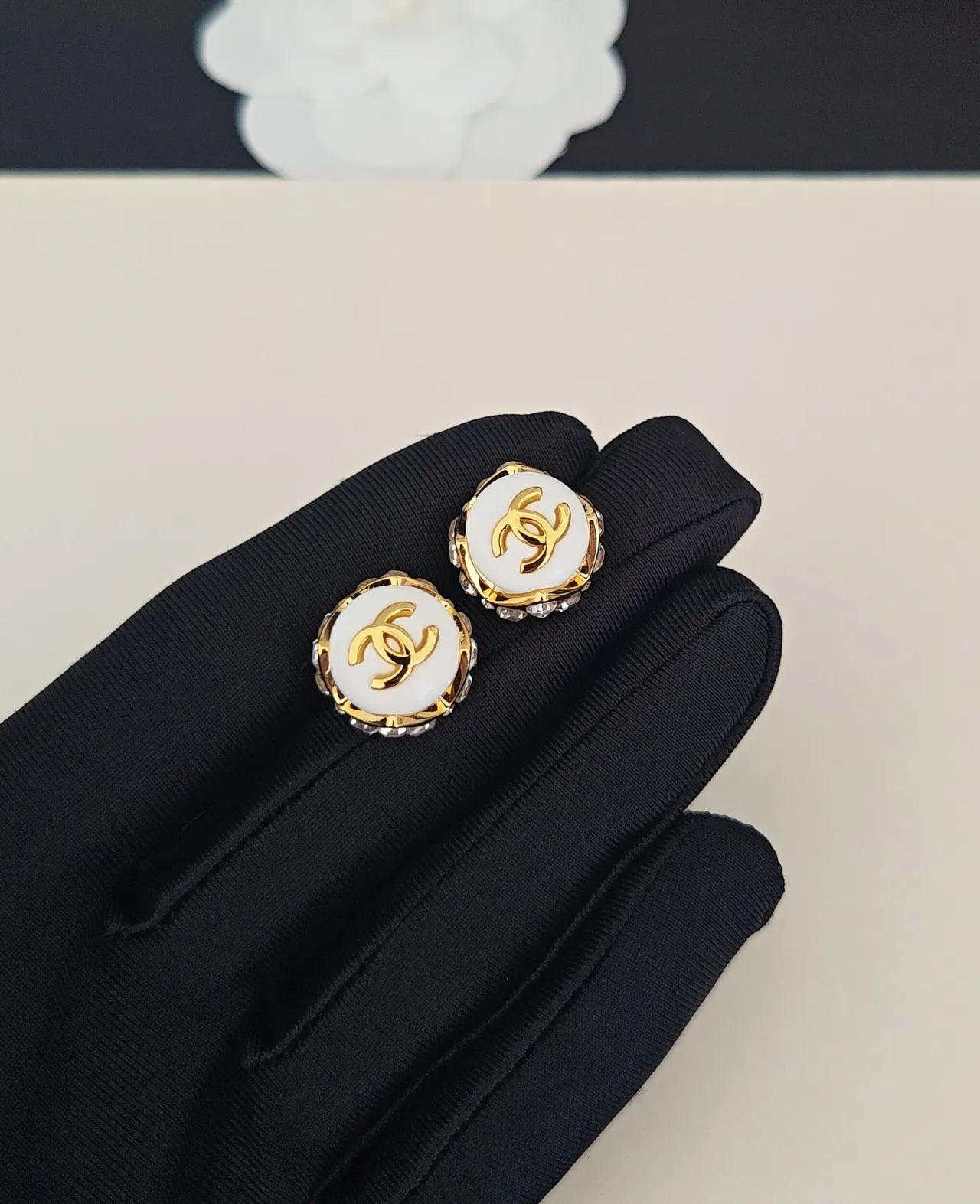 Chanel CC Logo Stud White Gold Enamel Earrings 5