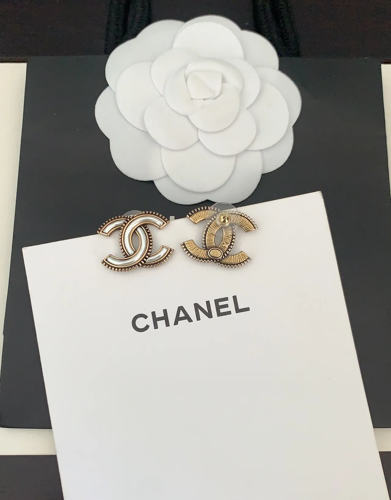 Chanel CC Logo White Enamel Gold-Tone Earrings 2