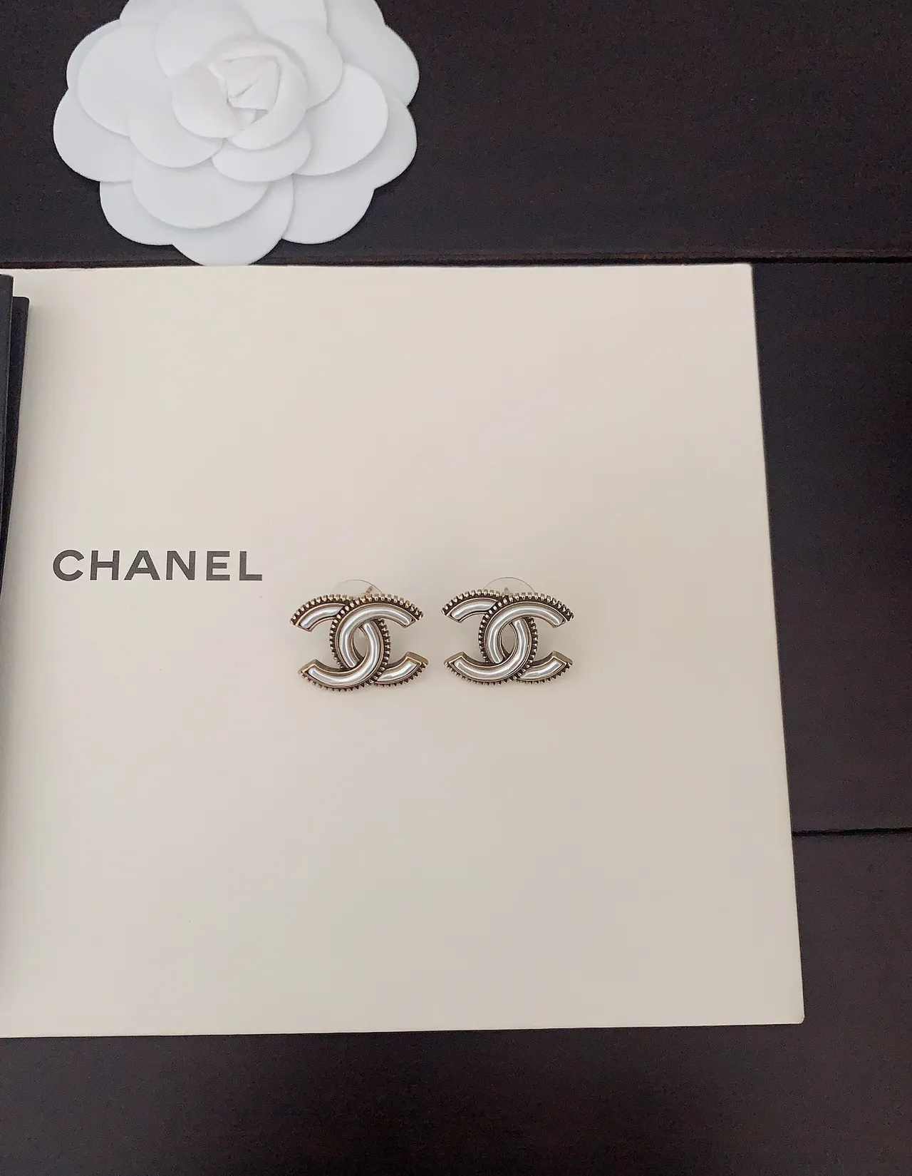 Chanel CC Logo White Enamel Gold-Tone Earrings 4