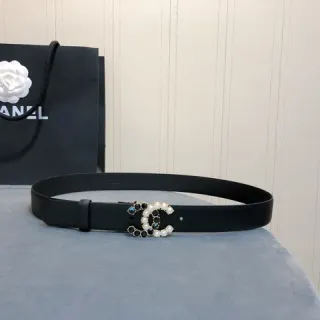Chanel CC Pearl Embellished Black Leather Belt