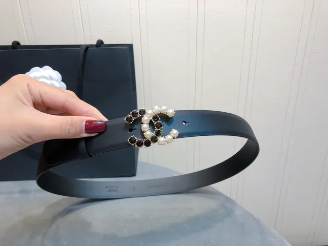 Chanel CC Pearl Embellished Black Leather Belt 2