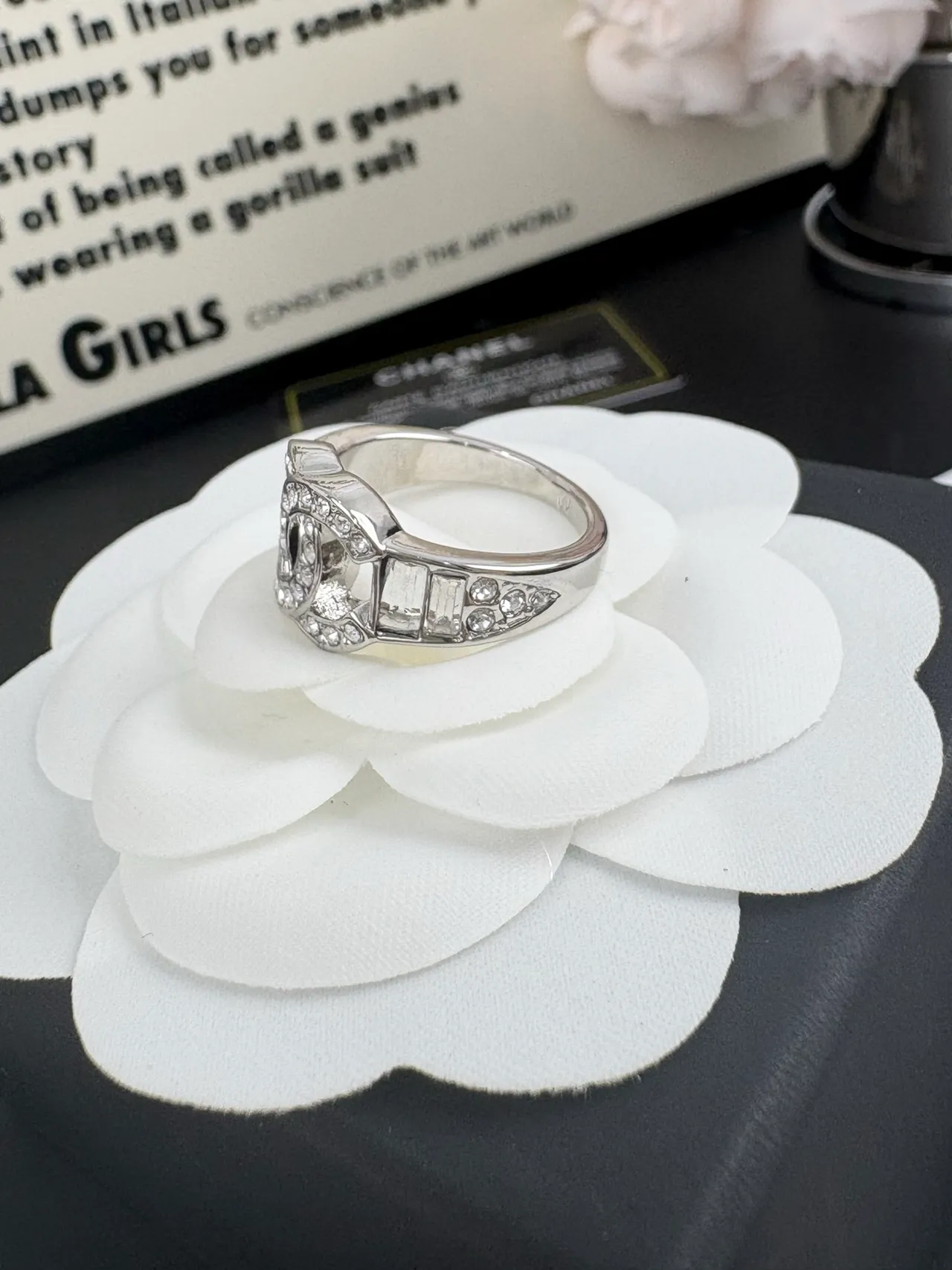 Chanel CC Ring Pavé Crystal Silver-Tone Ring 6