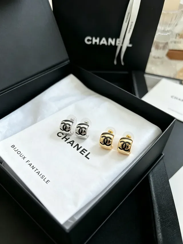Chanel CC Square Stud Gold Black Studs Metal Earrings 2
