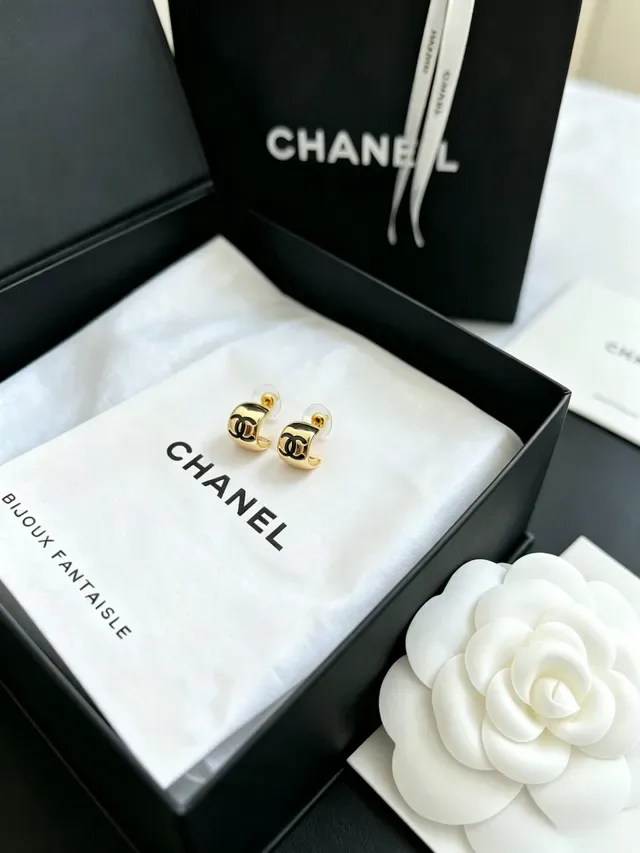 Chanel CC Square Stud Gold Black Studs Metal Earrings 6