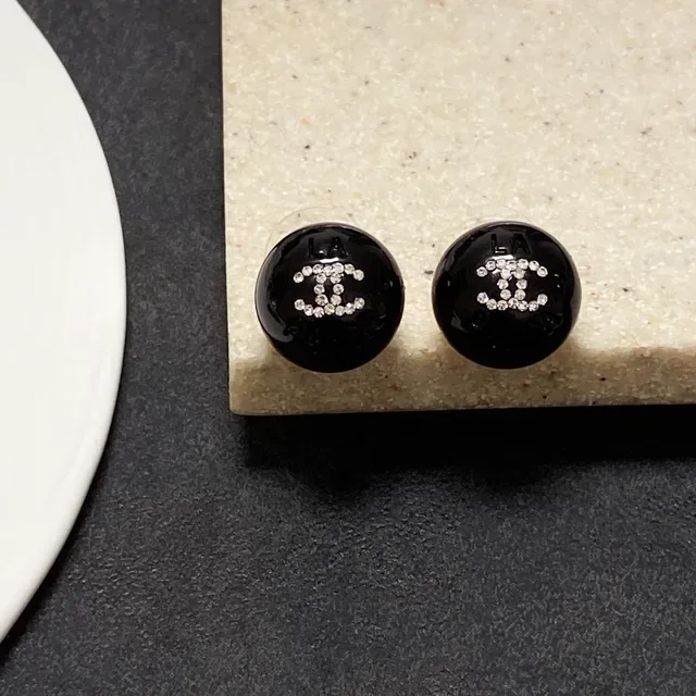Chanel CC Stud Black Silver Glossy Resin Crystal-Embellished Interlocking Logo Earrings 3