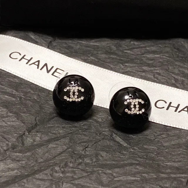 Chanel CC Stud Black Silver Glossy Resin Crystal-Embellished Interlocking Logo Earrings 5