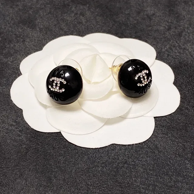 Chanel CC Stud Black Silver Glossy Resin Crystal-Embellished Interlocking Logo Earrings 6