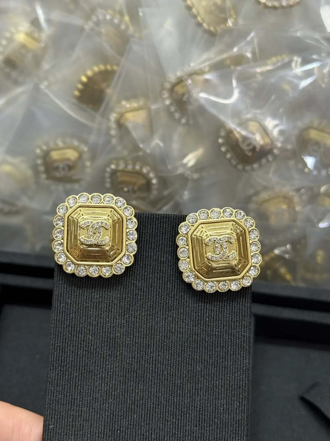 Chanel CC Stud Gold Silver Octagonal Crystal-Encrusted Border Earrings 1