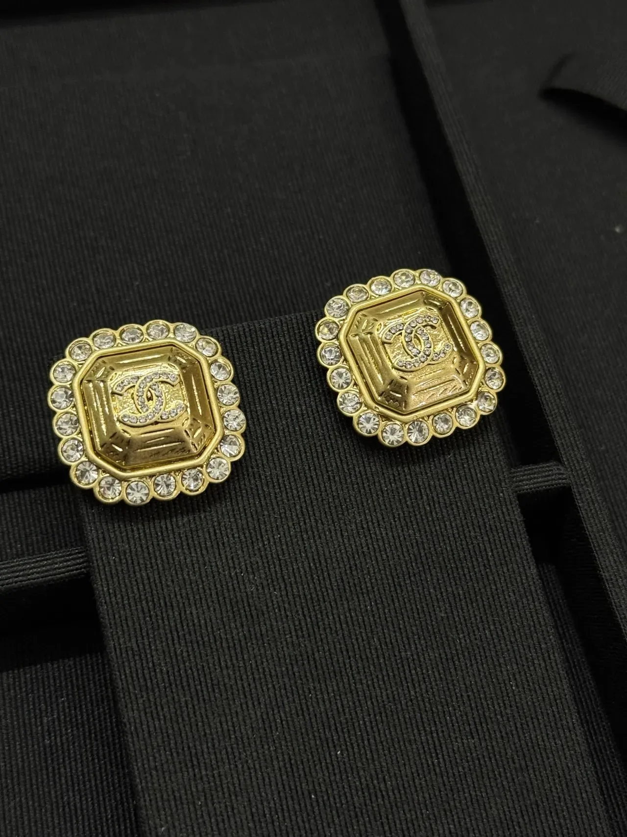 Chanel CC Stud Gold Silver Octagonal Crystal-Encrusted Border Earrings 5