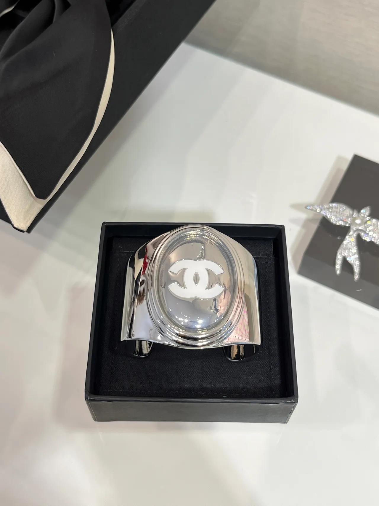 Chanel Classic Cuff Polished Silver-Tone White Enamel Bracelet 6