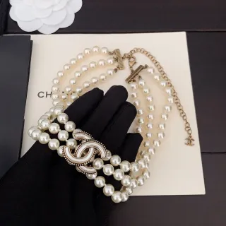 Chanel Classic Pearl Necklace Beige Gold Multi-Strand CC Clasp Necklace