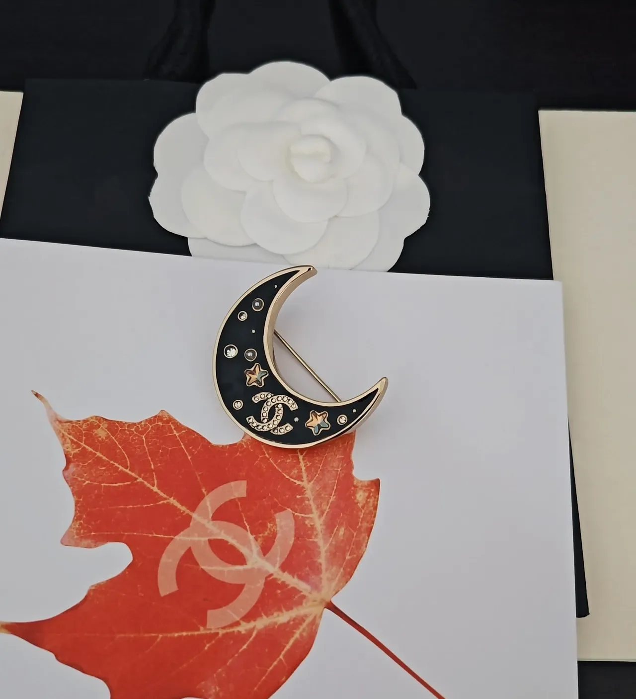 Chanel Crescent Moon Enamel and Crystal Brooch 3