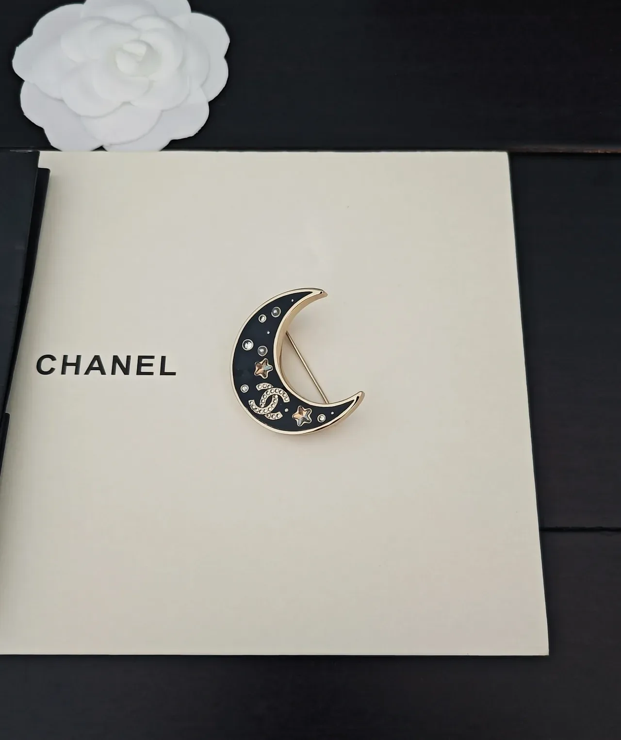 Chanel Crescent Moon Enamel and Crystal Brooch 4
