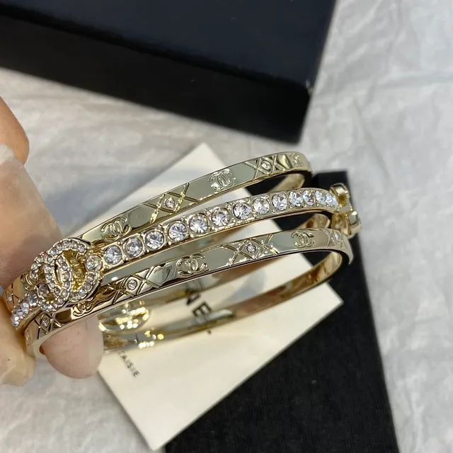 Chanel Crystal-Embellished CC Logo Gold-Tone Triple Bangle Bracelets 8