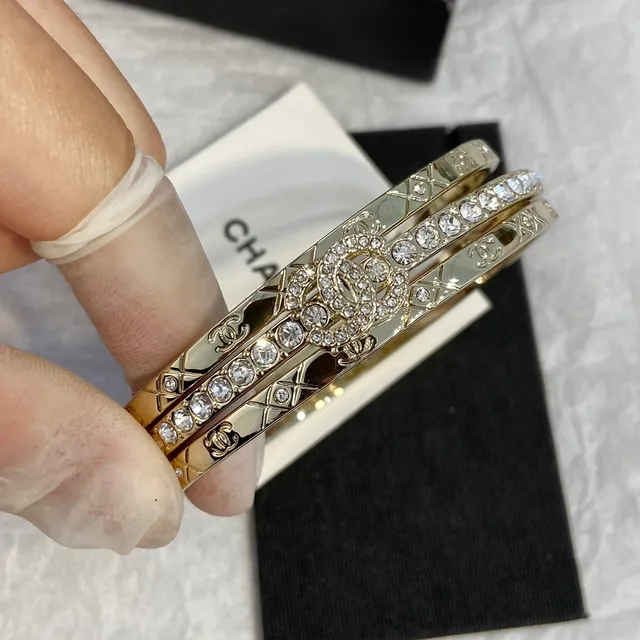 Chanel Crystal-Embellished CC Logo Gold-Tone Triple Bangle Bracelets 9