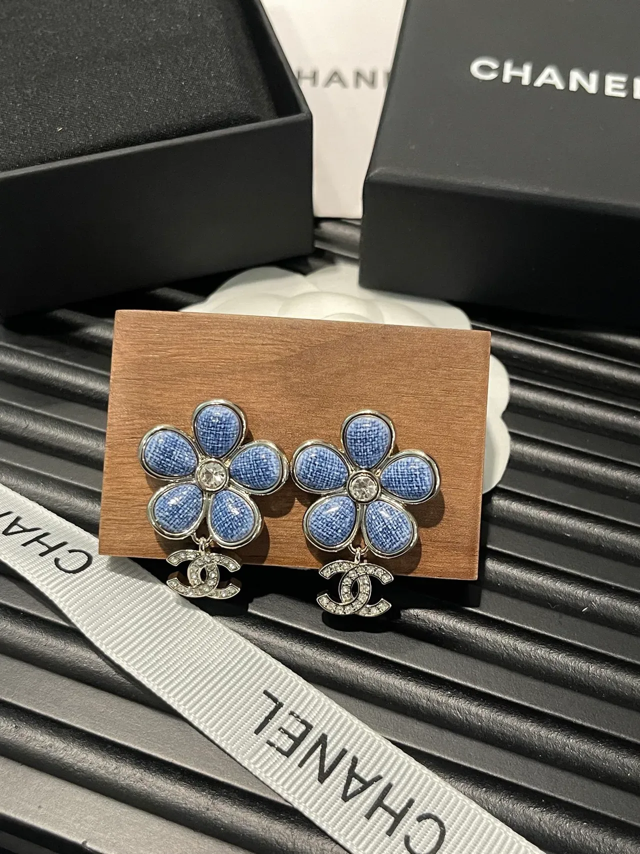 Chanel Floral Denim-Textured Crystal Earrings 2