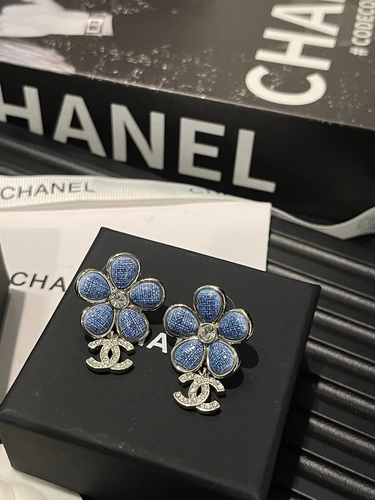 Chanel Floral Denim-Textured Crystal Earrings 3