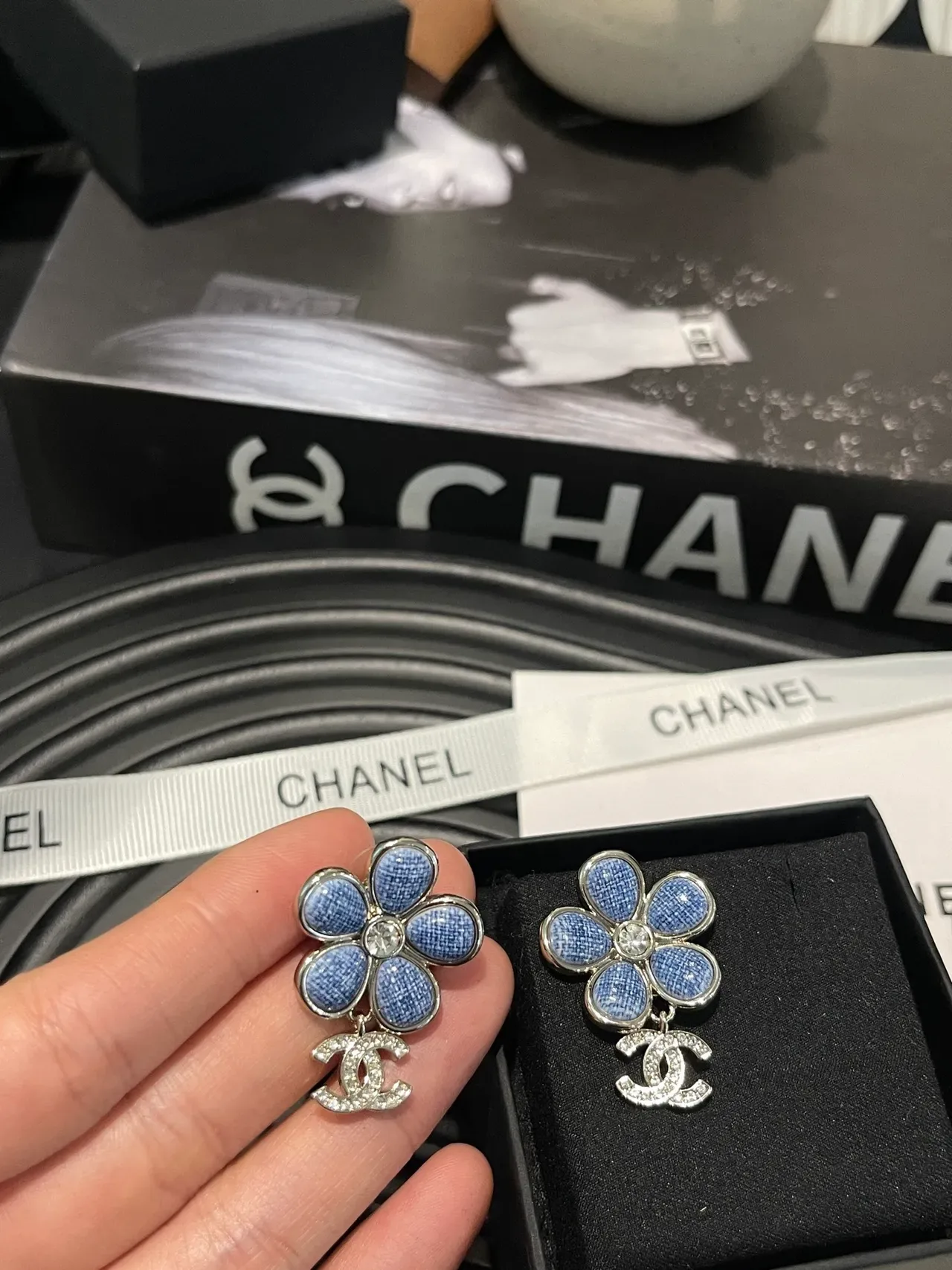Chanel Floral Denim-Textured Crystal Earrings 4