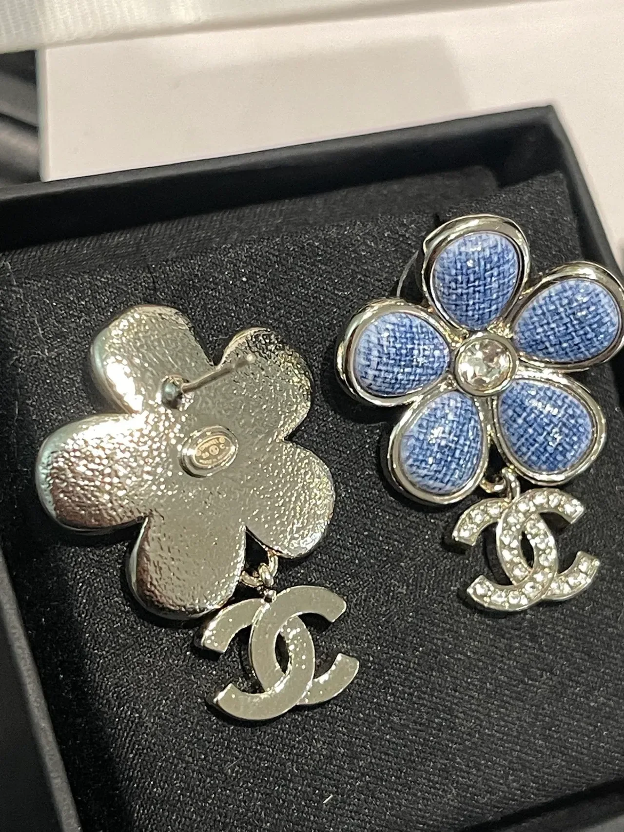 Chanel Floral Denim-Textured Crystal Earrings 5