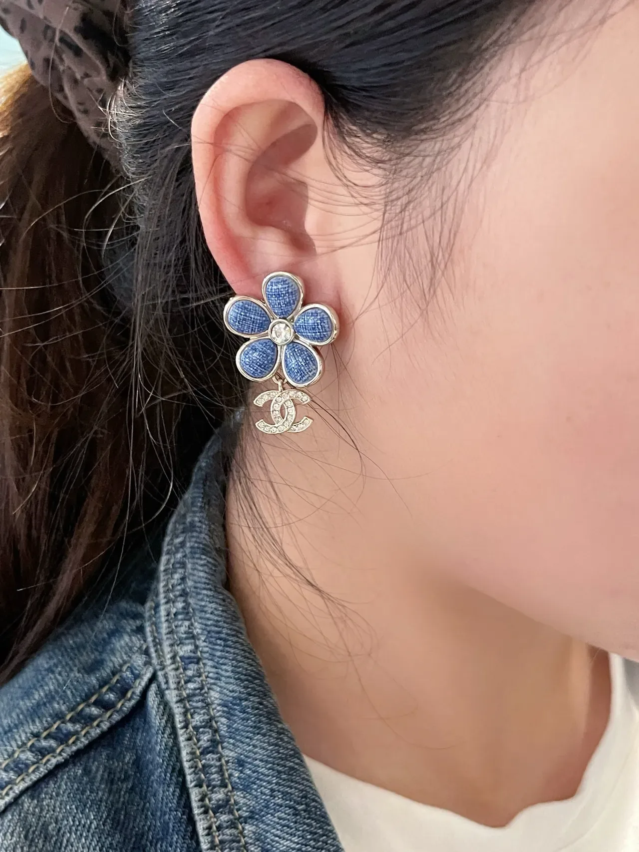 Chanel Floral Denim-Textured Crystal Earrings 9