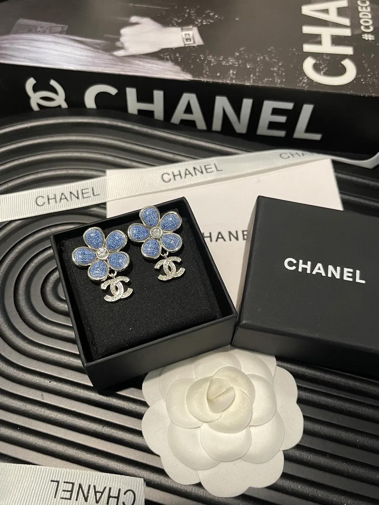 Chanel Floral Denim-Textured Crystal Earrings 10