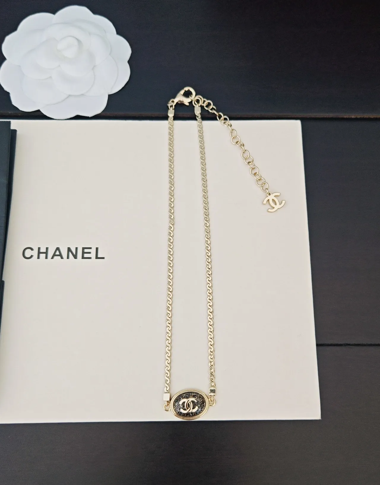 Chanel Gold Black Chain Oval CC Pendant Necklace 4