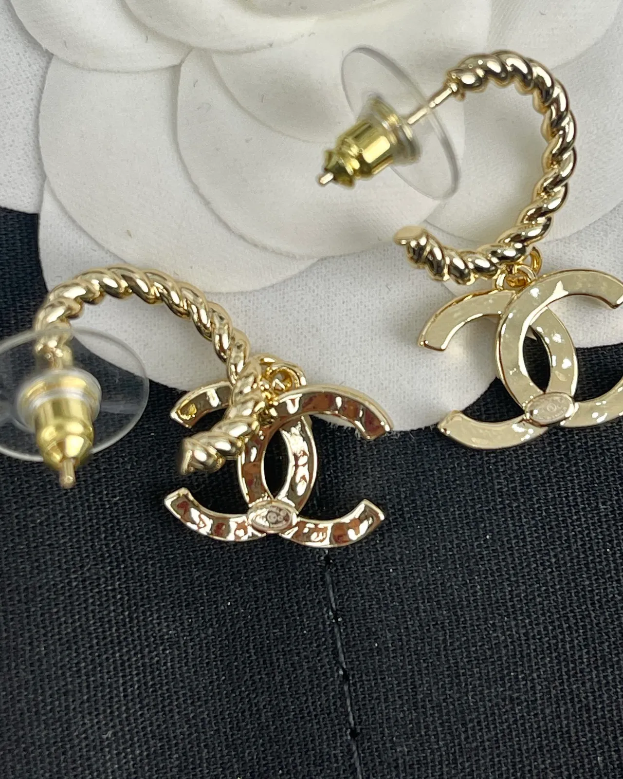 Chanel Gold Black Interlocking CC Logo Earrings 3