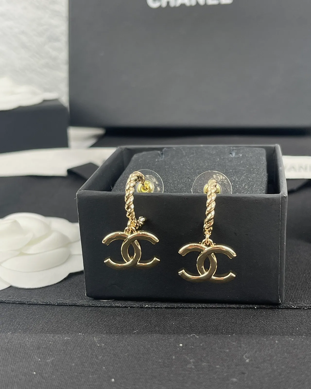 Chanel Gold Black Interlocking CC Logo Earrings 4